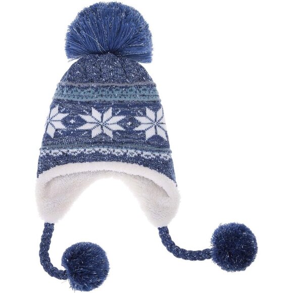 Women Dark Blue Pompom Long Ear Straps Beanie Warm Fleece Lined Ski Hats Cap
